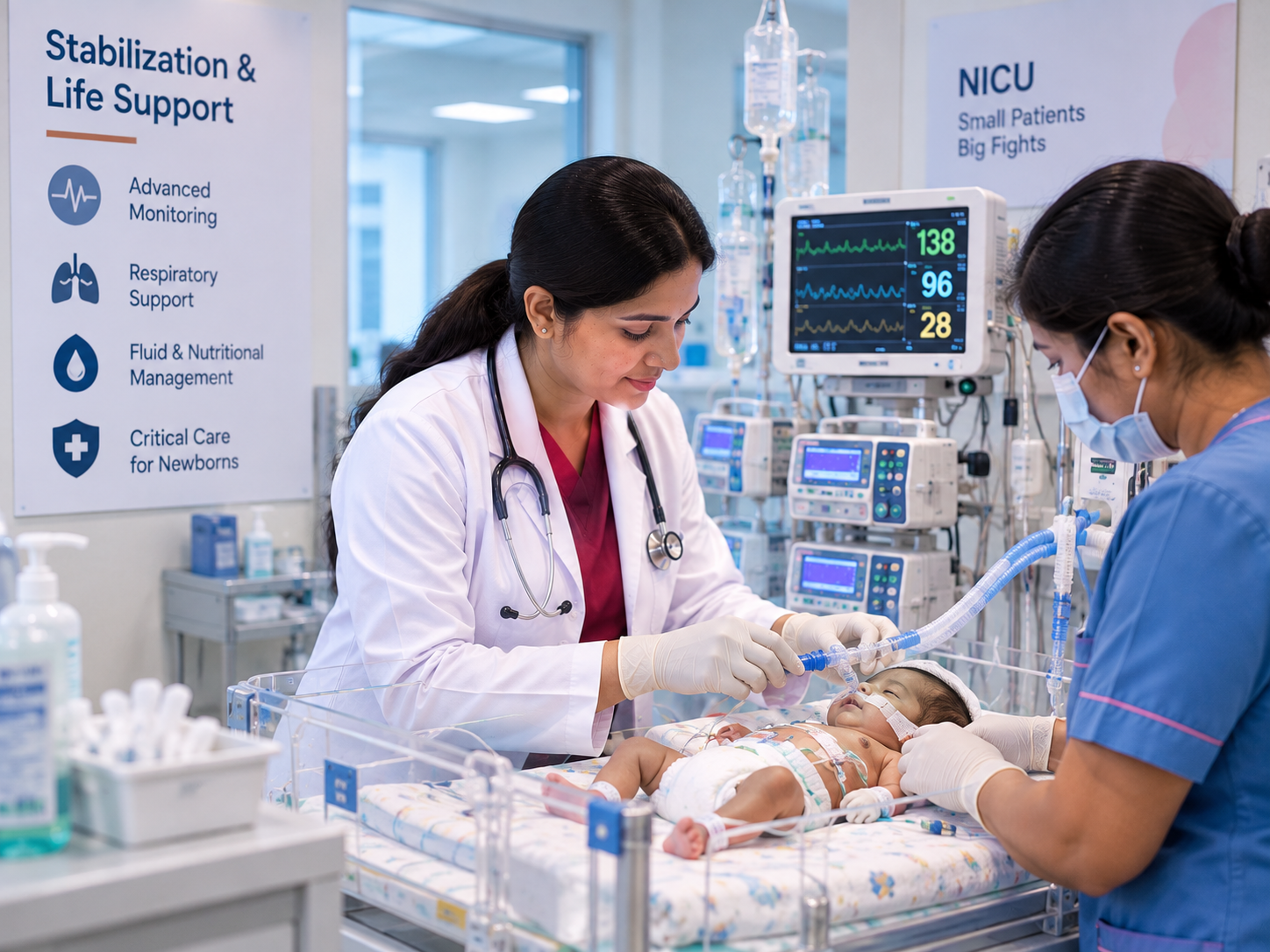Stabilization of infant in NICU with ventilator support