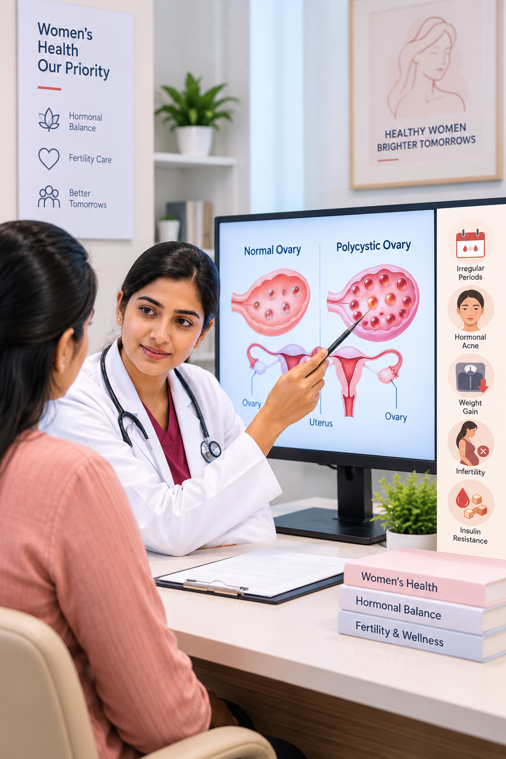 Gynecologist consulting a patient for PCOS PCOD PMOS treatment at Sanjeevini Maternity and Fertility Centre
