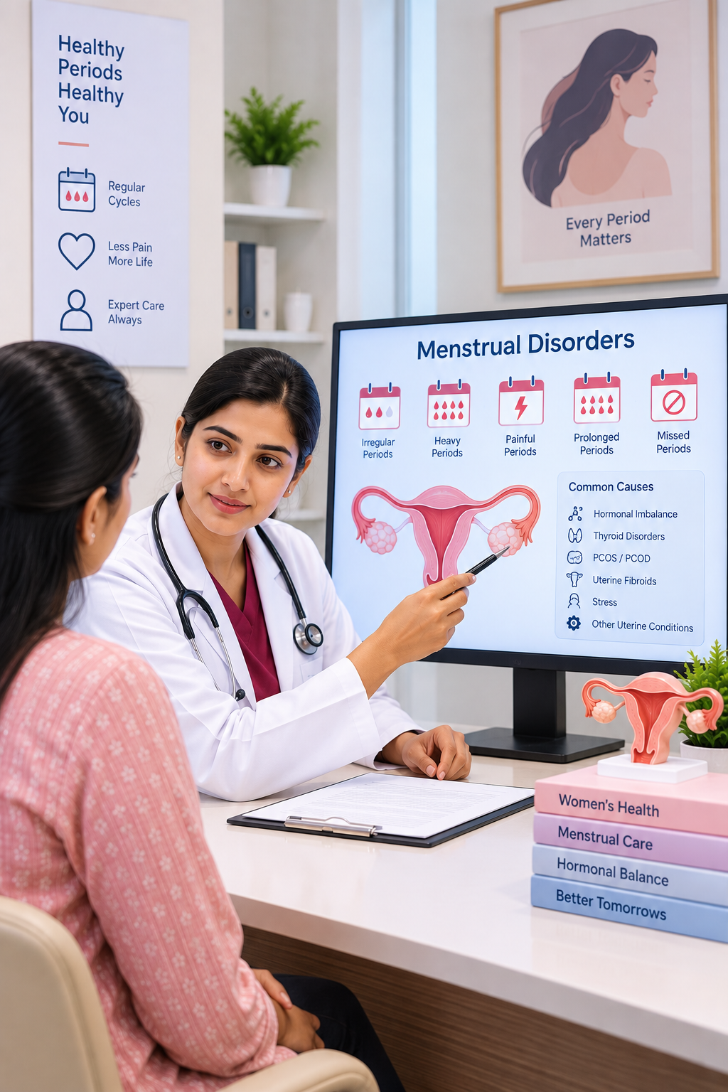 Gynecologist consulting a patient for menstrual disorder treatment at Sanjeevini Maternity and Fertility Centre